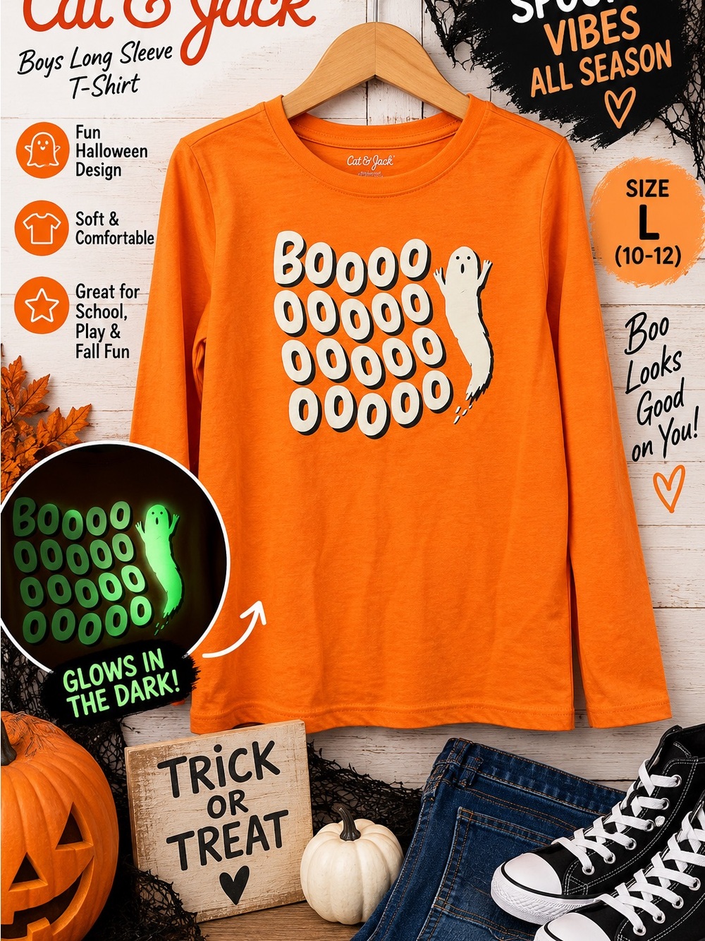 Cat & Jack Orange Glow-in-the-Dark Ghost Graphic Long Sleeve Tee